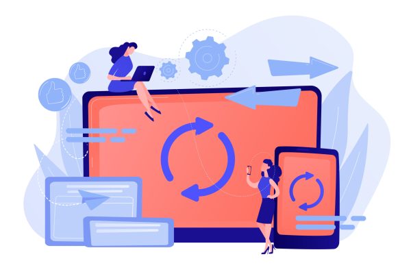 User with laptop and smartphone synchronizing. Cross-device syncing, cross-device synchronization and operation concept on white background. Pinkish coral bluevector isolated illustration