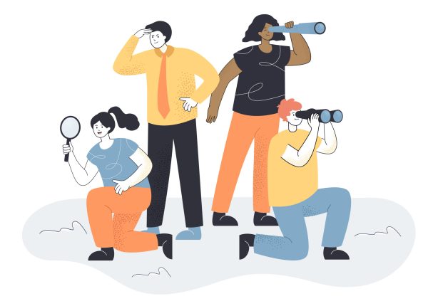 Business team looking for new people. Allegory for searching ideas or staff, woman with magnifier, man with spyglass flat vector illustration. HR, development concept for banner, website design