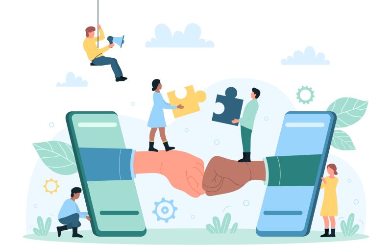 Business collaboration of employees, remote teamwork and partnership vector illustration. Cartoon hands from screen of mobile phones making fist bump on meeting, tiny people holding pieces of puzzle